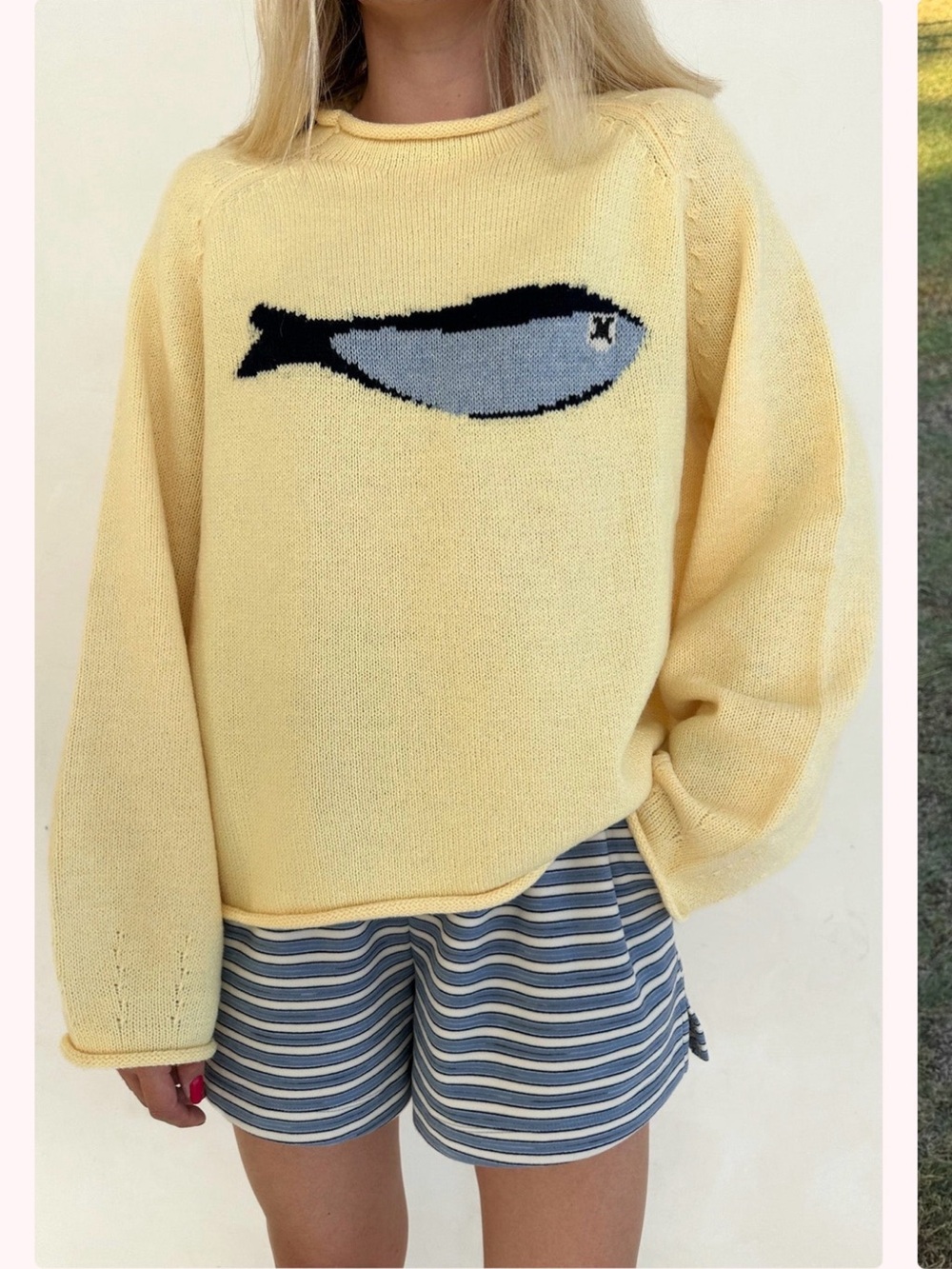Boutique Bohme Yellow Sardine Fish Graphic Crewneck Sweater Size M
